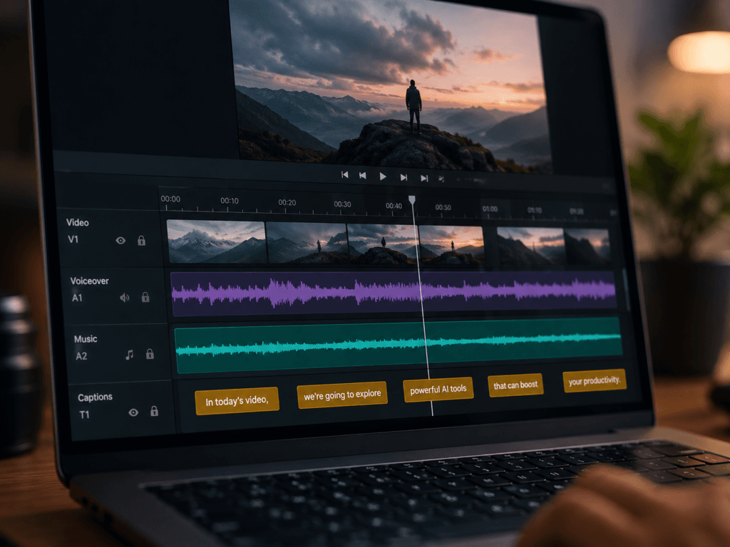 Editing timeline for a faceless YouTube video with voiceover and captions
