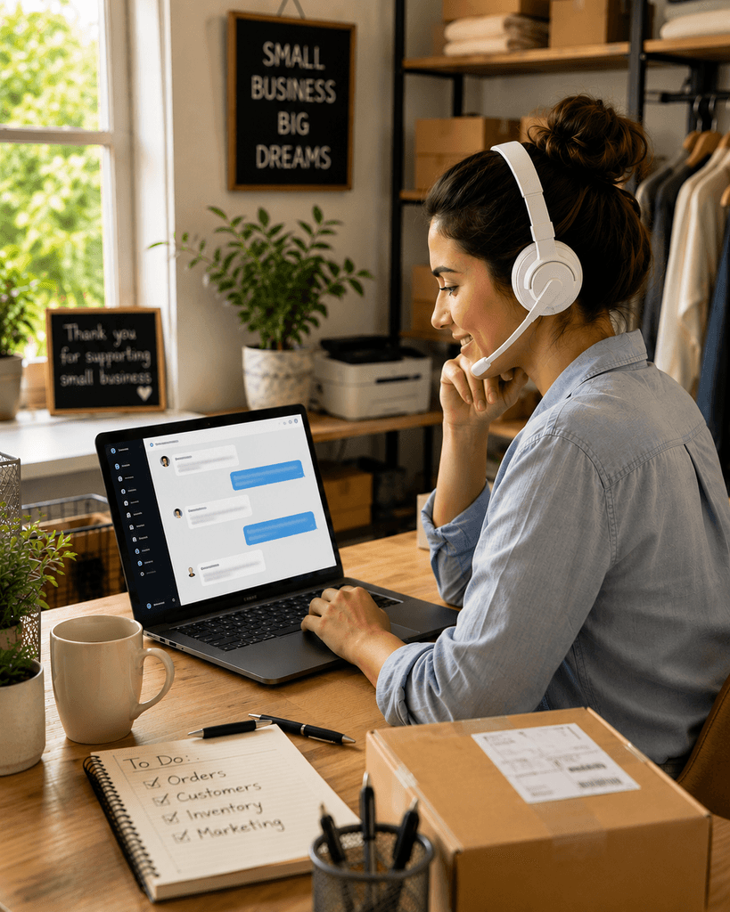 Small business owner reviewing AI chatbot conversations for customer service