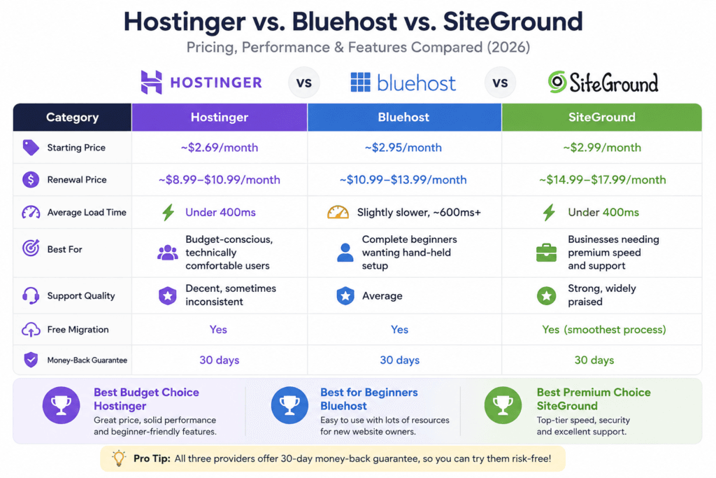 "Hostinger vs. Bluehost vs. SiteGround