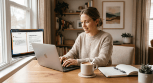Freelance blogger using AI writing tools to draft a blog post