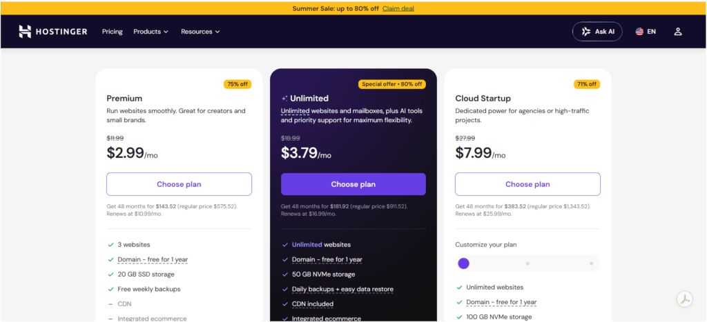 Hostinger Pricing